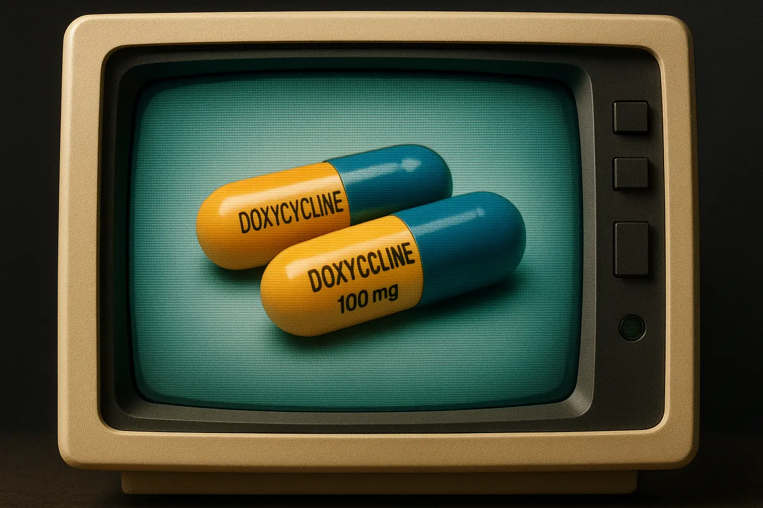 A retro-style computer screen displaying a photorealistic image of doxycycline 100mg capsules.