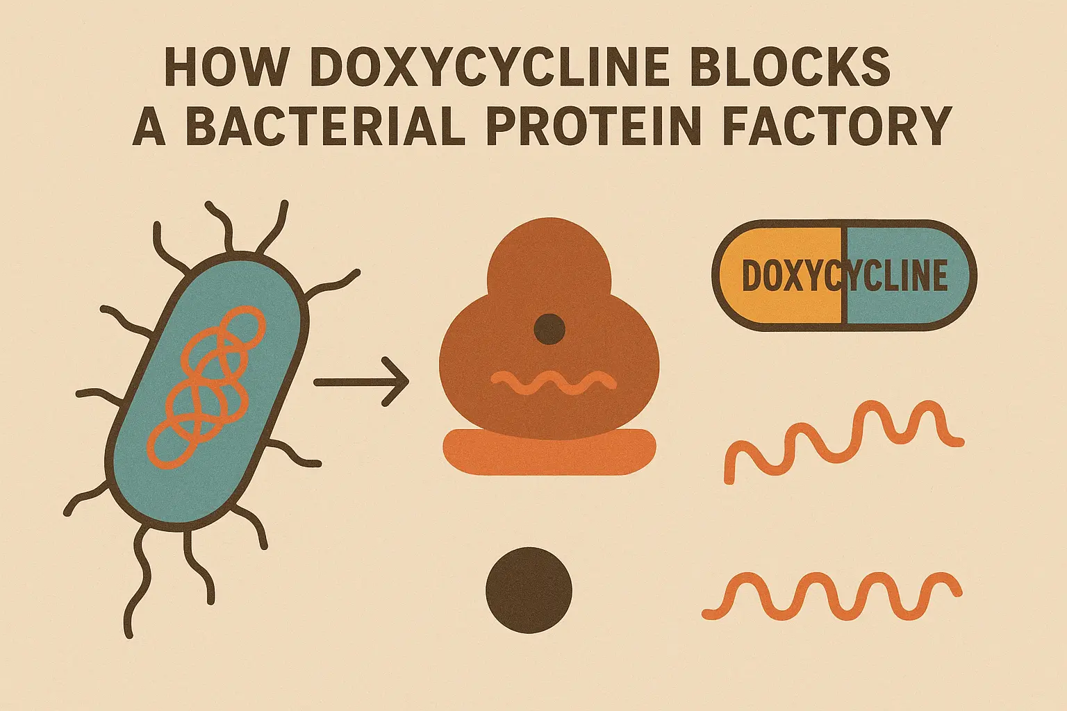 A minimalist infographic in a retro style, showing how doxycycline blocks a bacterial protein factory.